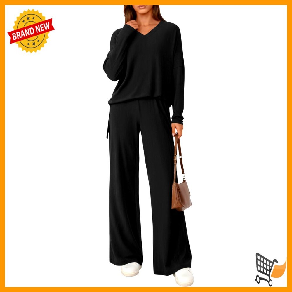 Soft Ribbed Knit Lounge Set V-Neck Wide Leg Pants Cozy Travel Outfits
